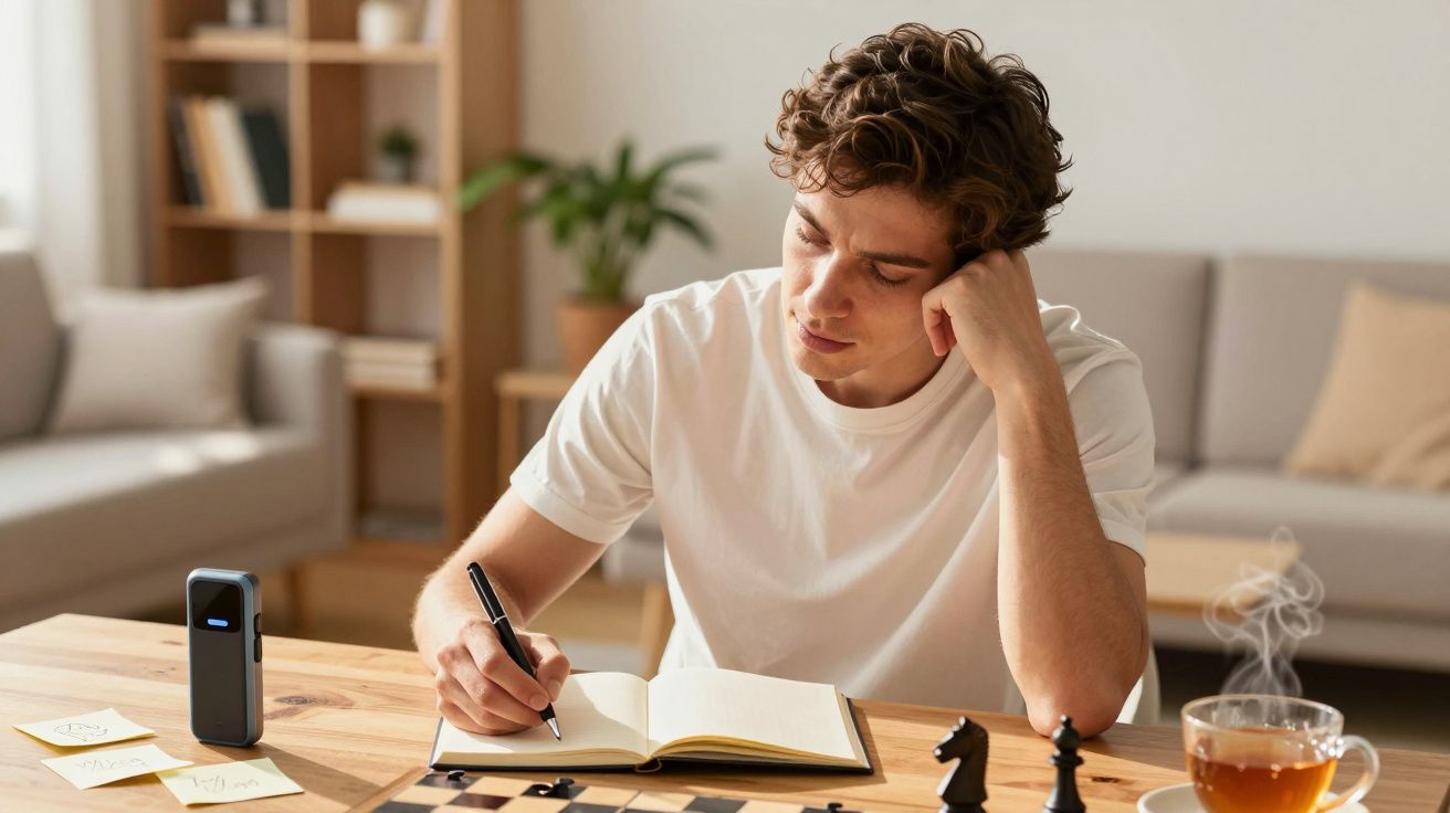 Mann am Tisch, schreibt in Notizbuch, Schachbrett und dampfende Tasse Tee daneben, moderne Wohnzimmerkulisse.