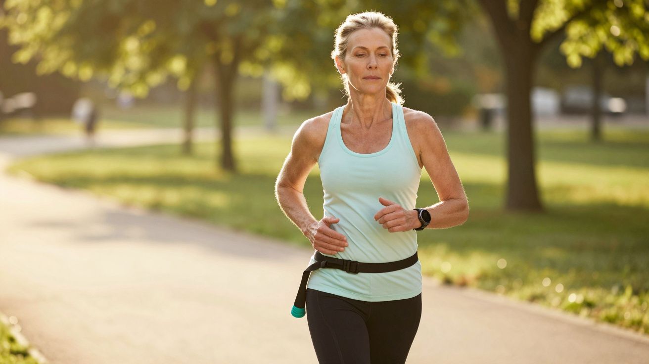 Ältere Frau joggt im Park, sonniges Wetter, trägt Sportkleidung und eine Armbanduhr, umgeben von grünen Bäumen.
