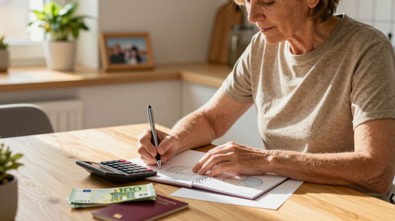 Ältere Frau macht Finanzberechnungen am Tisch mit Taschenrechner, Notizbuch und Euro-Geldscheinen.