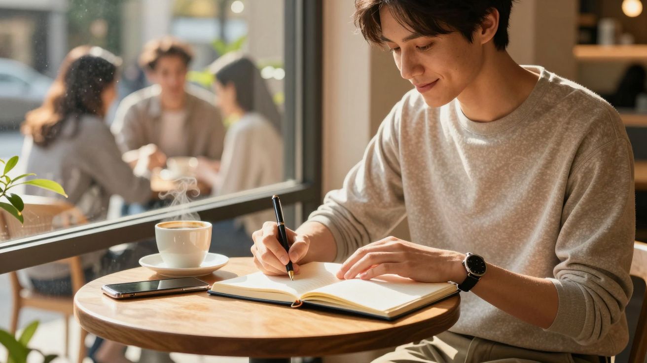 Mann schreibt in ein Notizbuch im Café, während im Hintergrund drei Personen sprechen. Eine Tasse Kaffee steht auf dem Tisch.