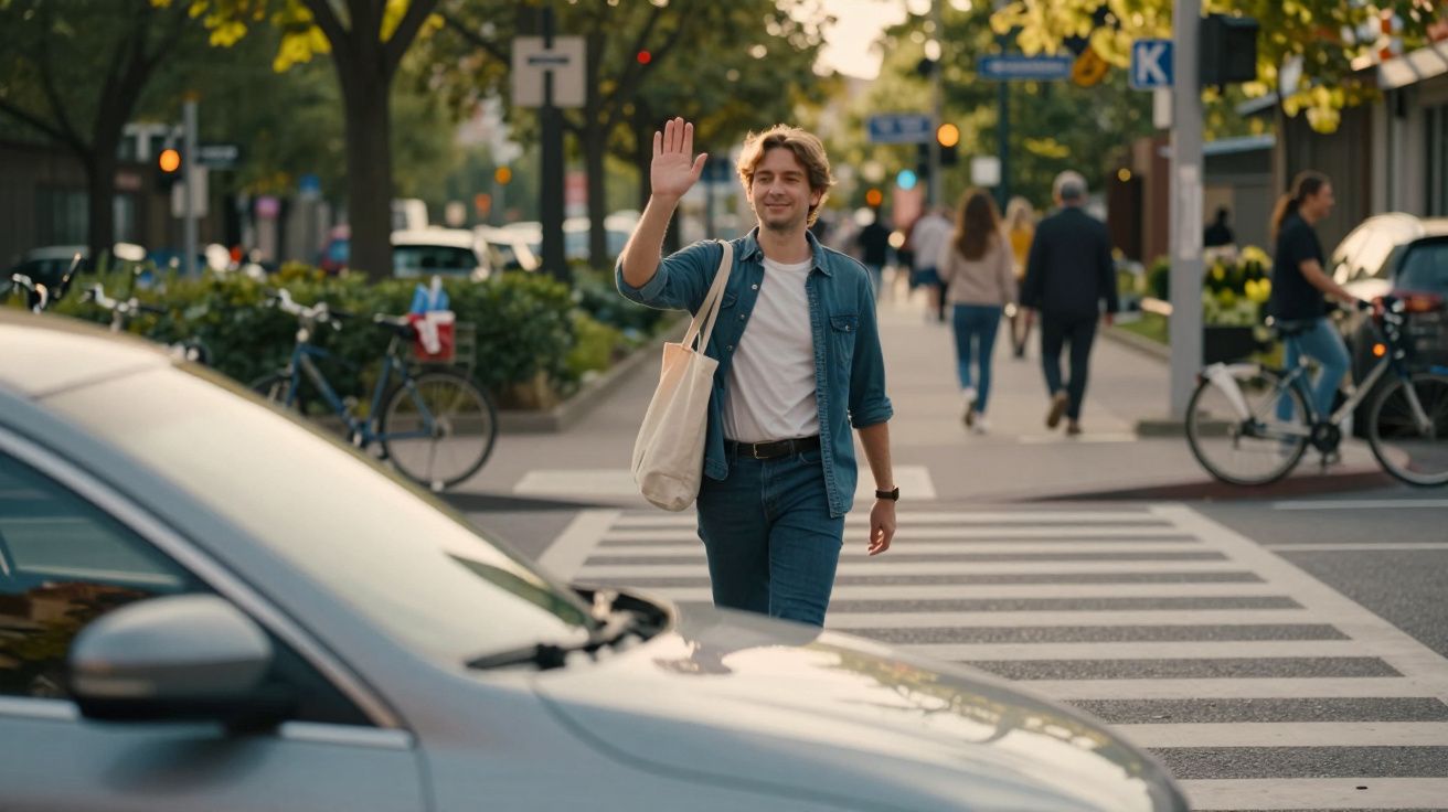 Mann mit Stofftasche grüßt freundlich an einem Zebrastreifen, während ein Auto anhält. Passanten und Fahrräder im Hintergrund