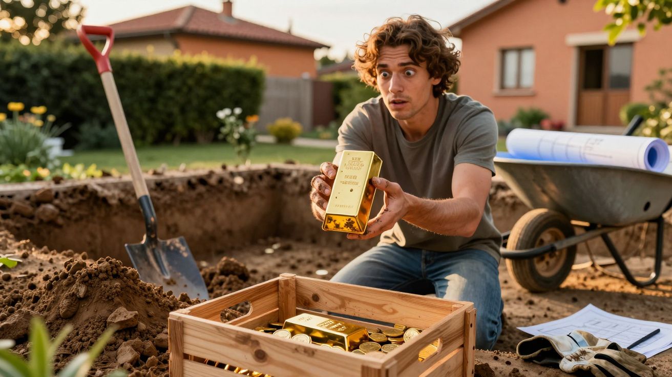 Ein Mann entdeckt überrascht eine Kiste voller Goldbarren in einem Garten, umgeben von Schaufel und Schubkarre.