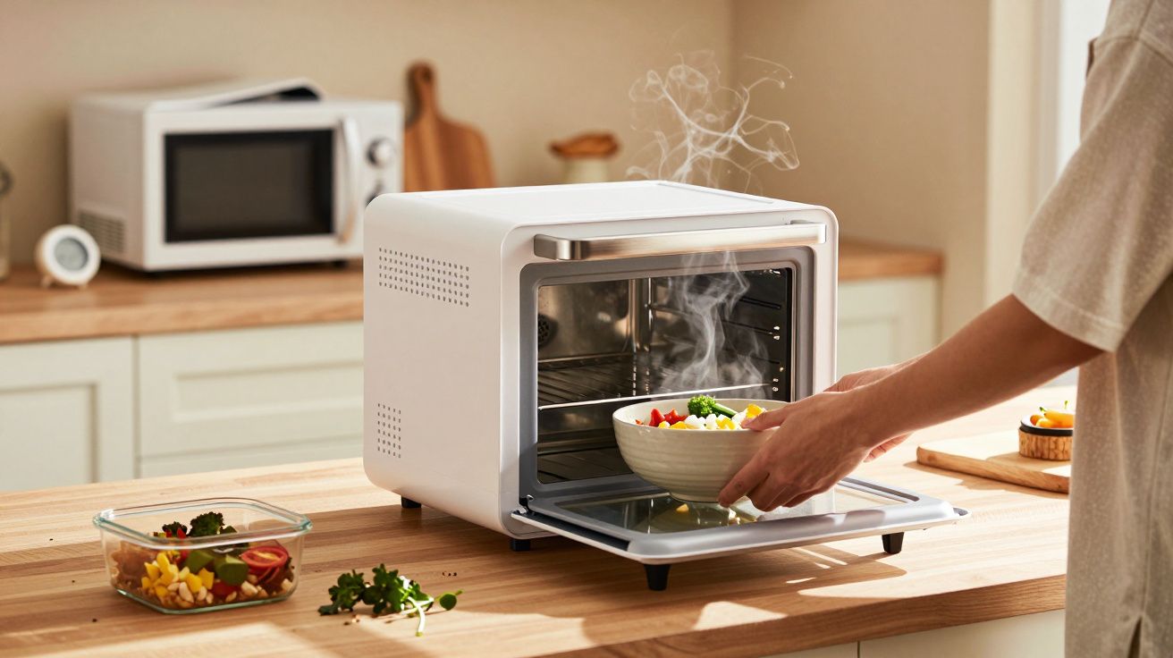 Person stellt dampfende Schüssel mit Gemüse in einen kleinen Backofen in moderner Küche.