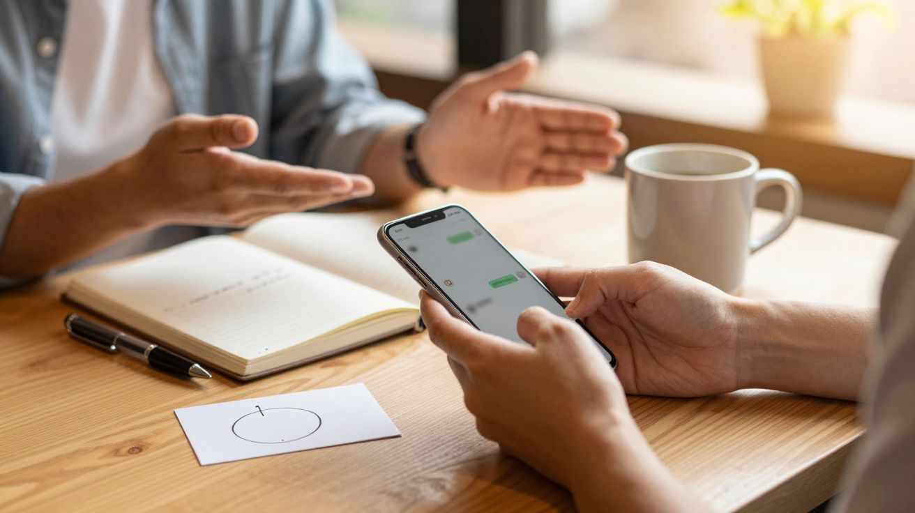 Person hält Smartphone, während andere Person mit Notizbuch gestikuliert; Tasse und Papier auf Tisch.