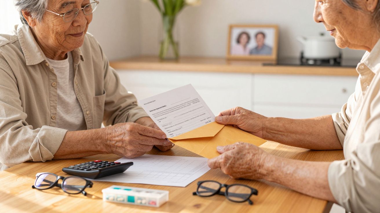 Seniorenpaar am Tisch, liest ein Dokument. Auf dem Tisch sind Brillen, ein Taschenrechner und eine Tablettenbox.