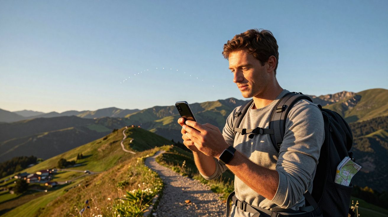 Mann mit Rucksack auf Bergpfad blickt auf Smartphone in malerischer Alpenlandschaft bei Sonnenuntergang.