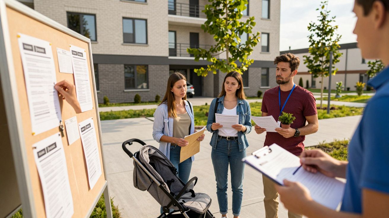 Drei Personen mit Kinderwagen studieren Infotafel im Freien, während eine andere Person Notizen macht.