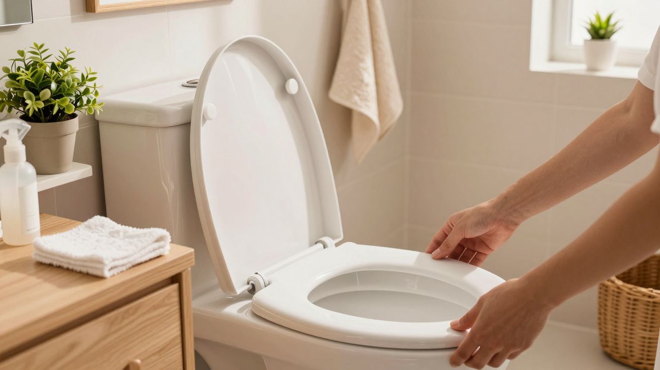 Person öffnet Toilettendeckel in einem sauberen, modernen Badezimmer mit Pflanzen und Handtüchern.