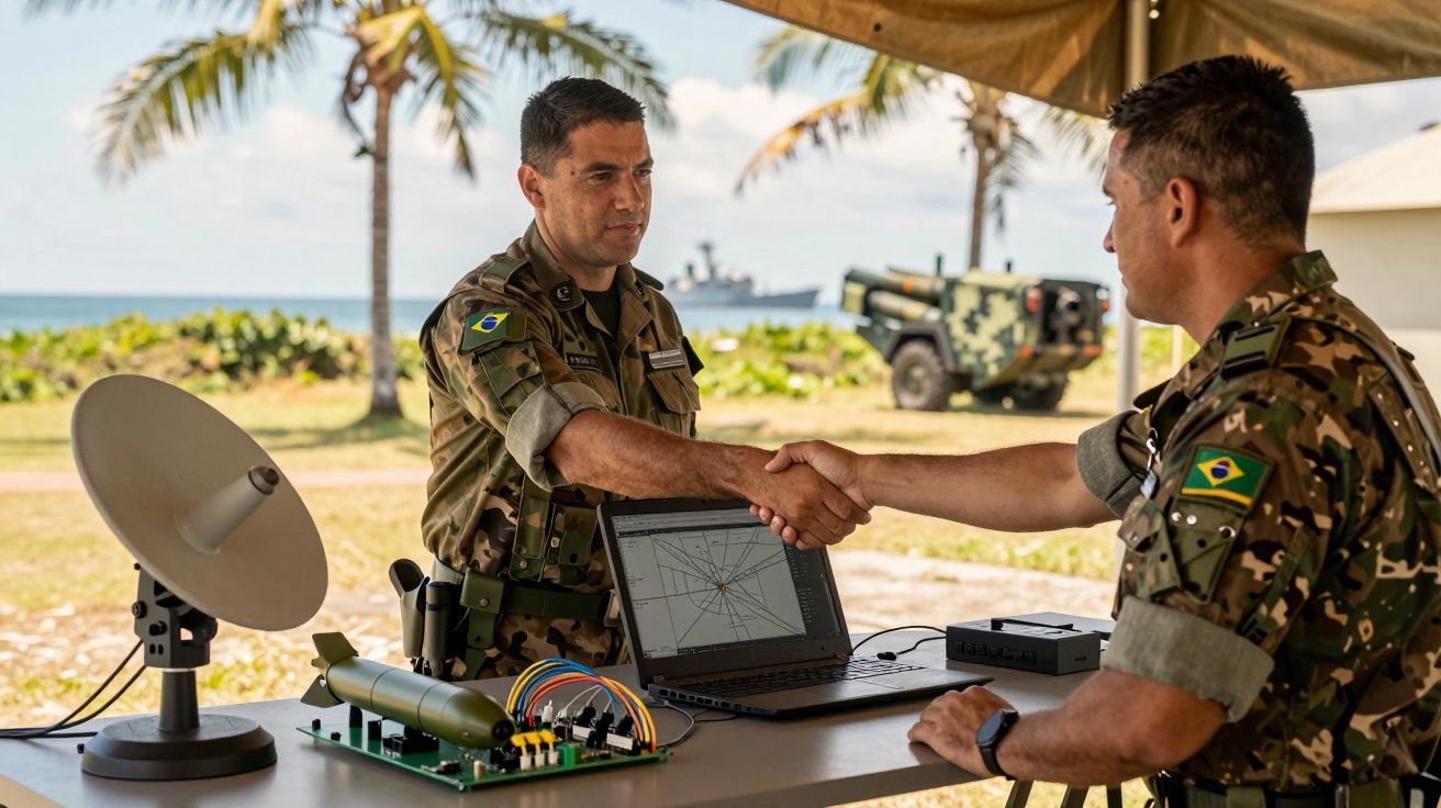 Zwei Soldaten in Tarnuniform geben sich vor einem Tisch mit Elektronik die Hand, mit einem Militärfahrzeug im Hintergrund.