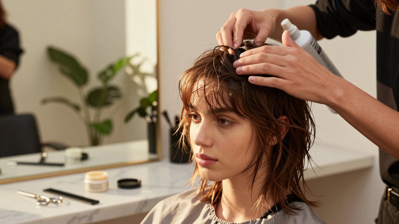 Frau erhält Haarpflege im Salon, eine Person wendet Produkt auf nasses Haar an, im Hintergrund ein Spiegel.