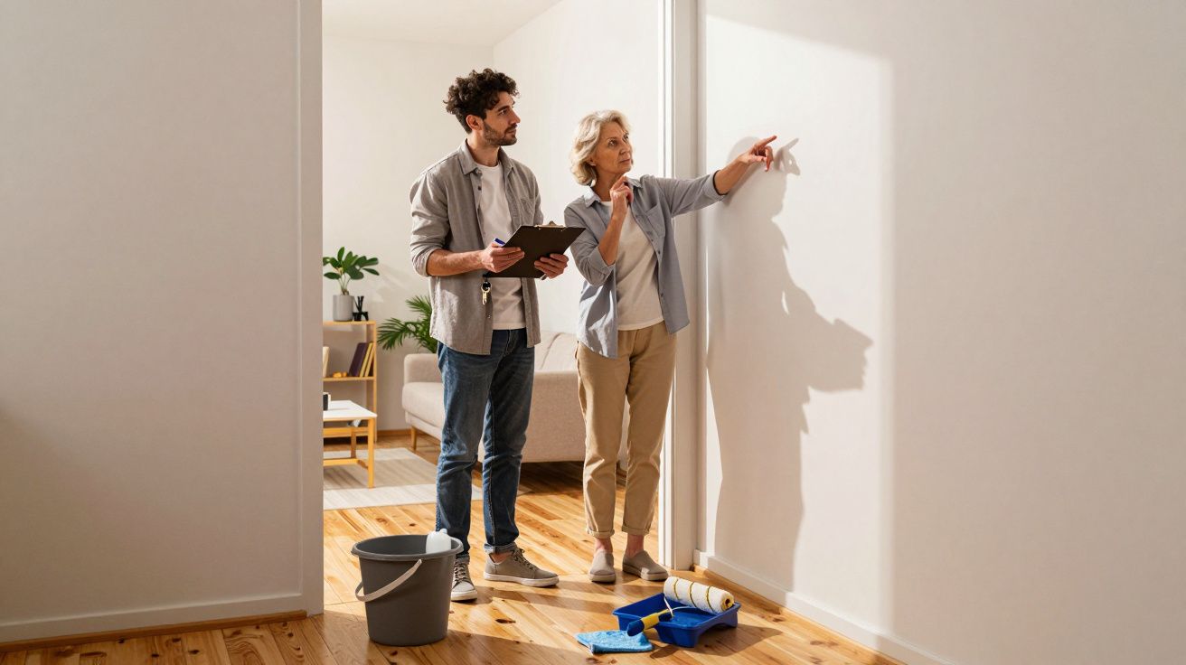 Mann und Frau stehen in einem Raum, diskutieren und zeigen auf eine Wand; Malerutensilien stehen am Boden.
