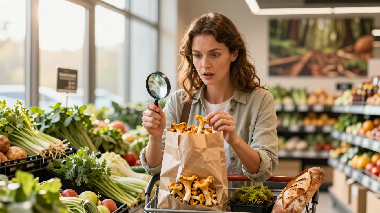 Frau im Supermarkt betrachtet mit Lupe Pilze in Papiertüte. Interessierte und skeptische Miene vor Gemüseauslage.