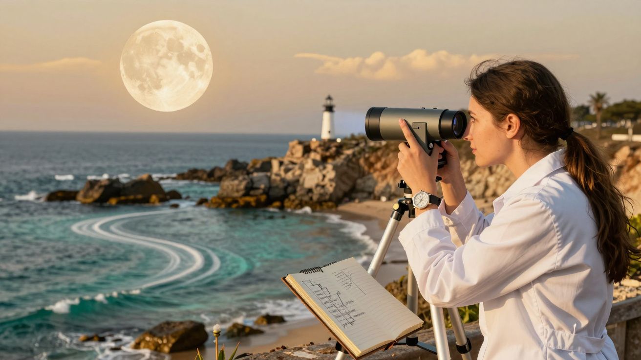 Frau beobachtet den Vollmond durchs Teleskop, mit einem Leuchtturm im Hintergrund und Notizbuch auf einem Meeresfelsen.