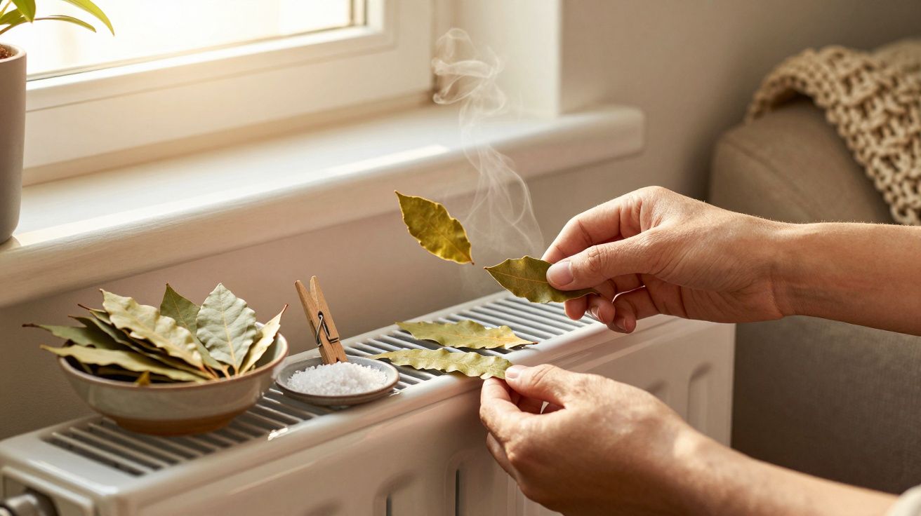 Person hält Lorbeerblätter über einem Heizkörper, daneben eine Schale mit Salz.