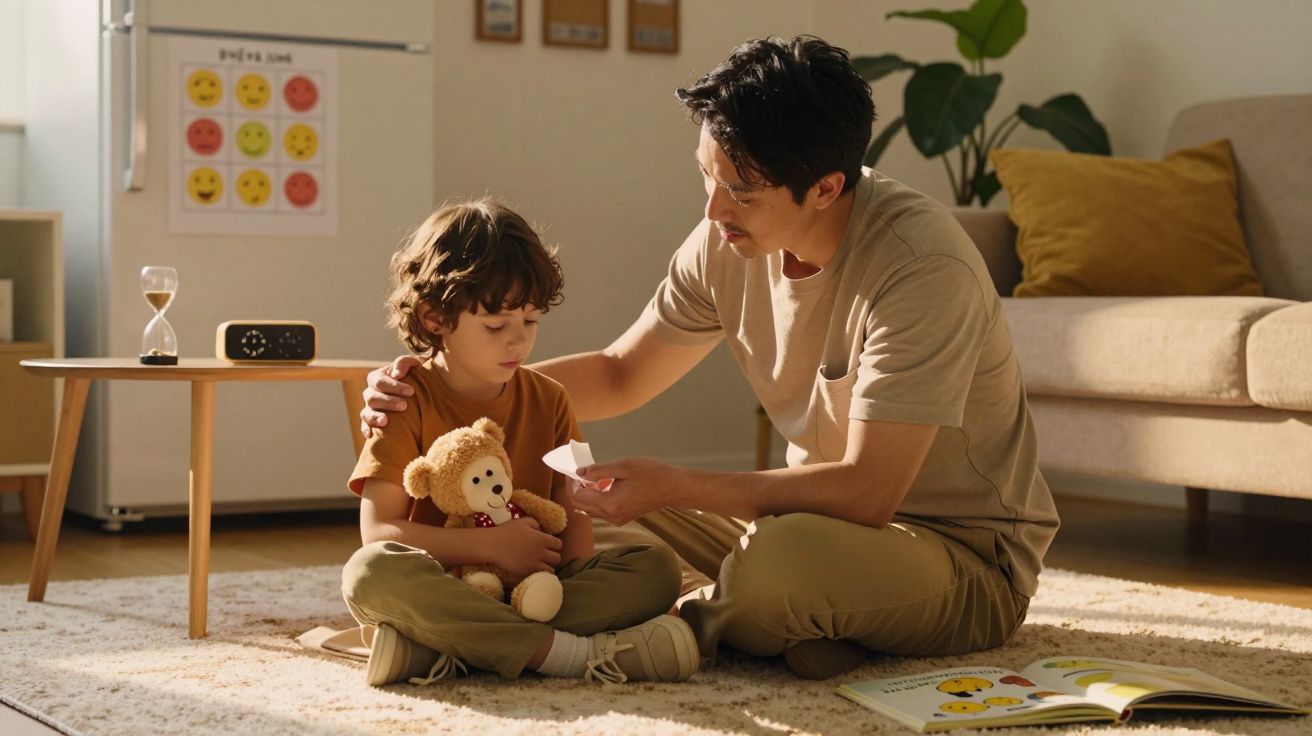 Erwachsener tröstet Kind mit Teddy im Wohnzimmer, während sie auf dem Teppich sitzen und gemeinsam ein Buch lesen.