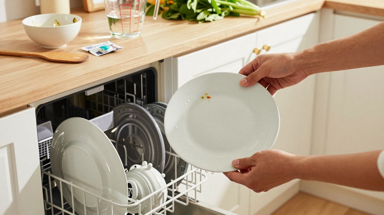 Person lädt schmutzigen Teller in Geschirrspüler ein; Küche mit Holzarbeitsplatte.