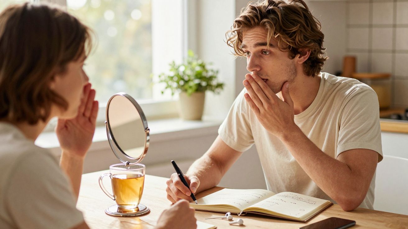 Junger Mann und Frau diskutieren beim Studium zu Hause am Tisch bei Tageslicht, mit Notizbuch und Tee.