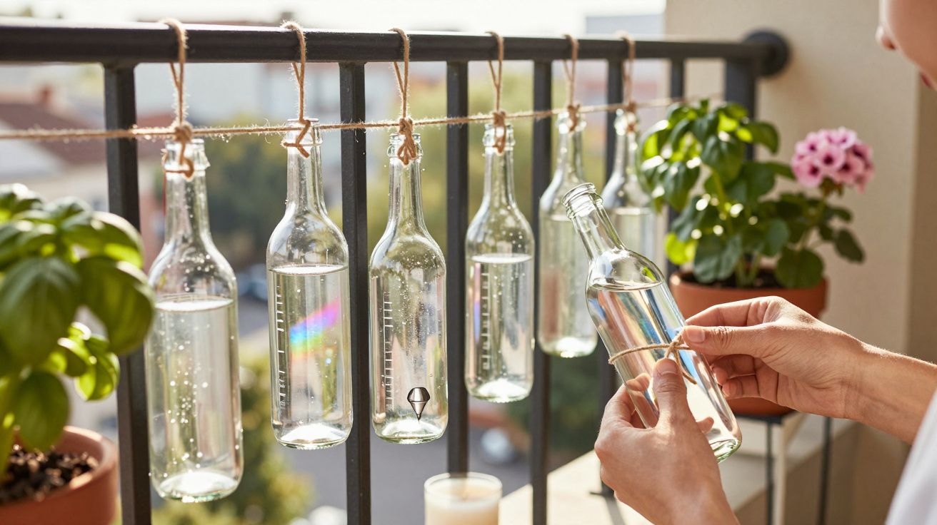Mehrere mit Wasser gefüllte Glasflaschen hängen an einem Balkongeländer, umgeben von Pflanzen. Hände halten eine Flasche.