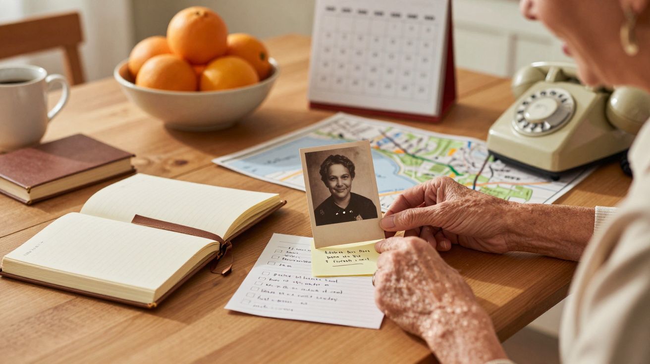 Ältere Person hält ein altes Foto an einem Tisch mit Notizbuch, Liste, Karte, Telefon und Schale mit Orangen.
