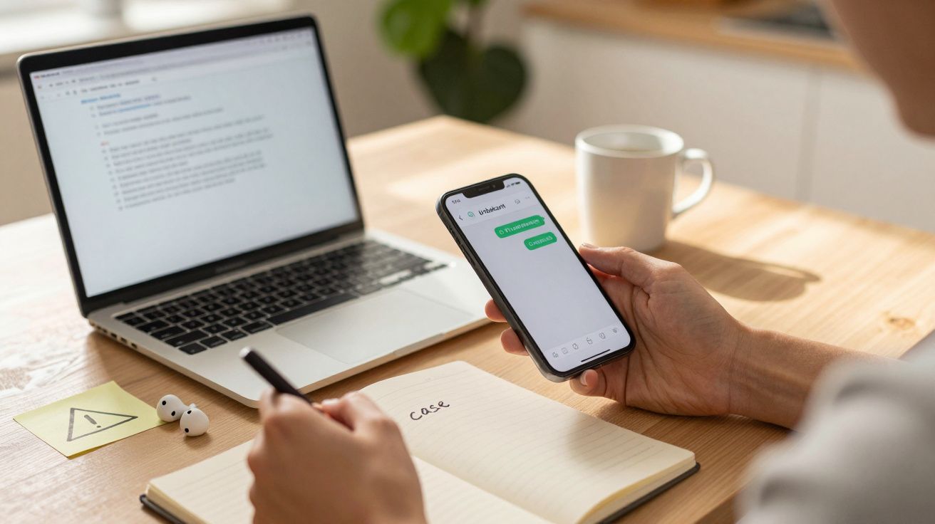 Person schreibt in Notizbuch, hält Smartphone mit Nachrichten-App, Laptop im Hintergrund, Kaffeetasse auf Tisch.
