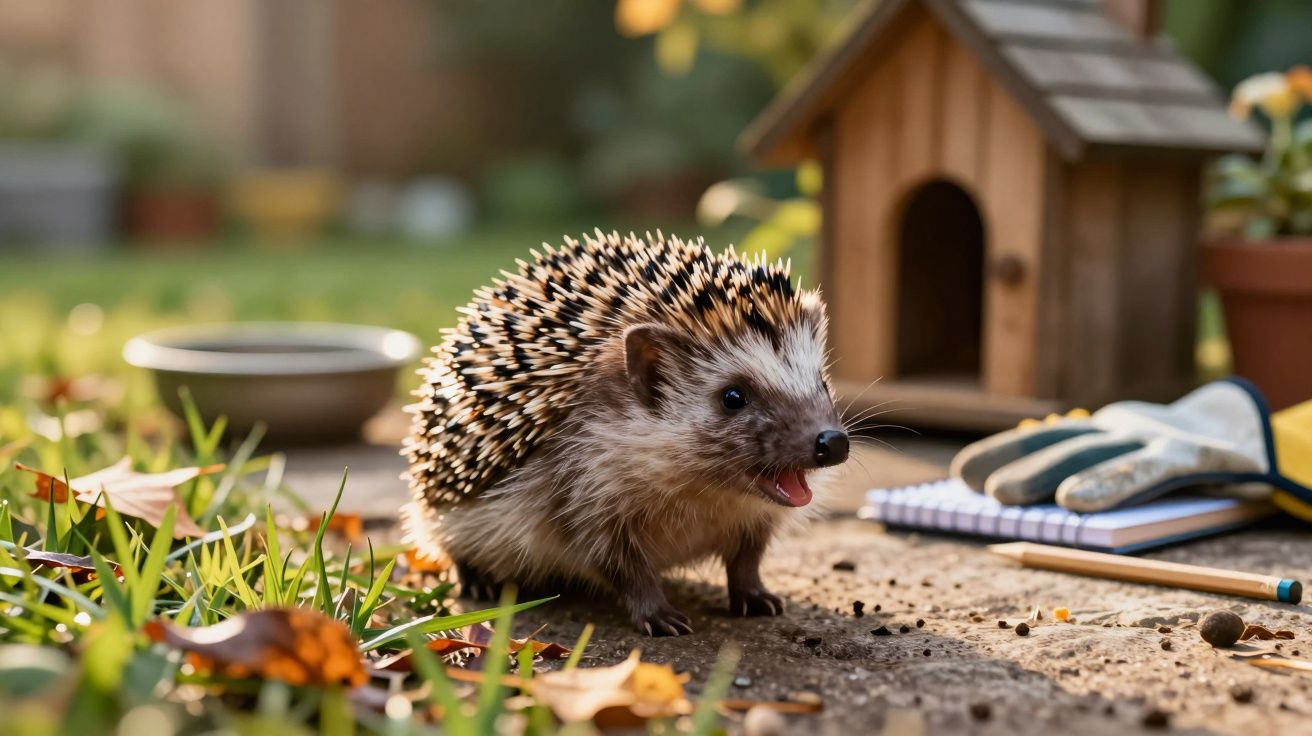 Ein Igel sitzt im Garten neben einem kleinen Holzhaus, umgeben von Blättern, Notizbuch und Gartenhandschuhen.