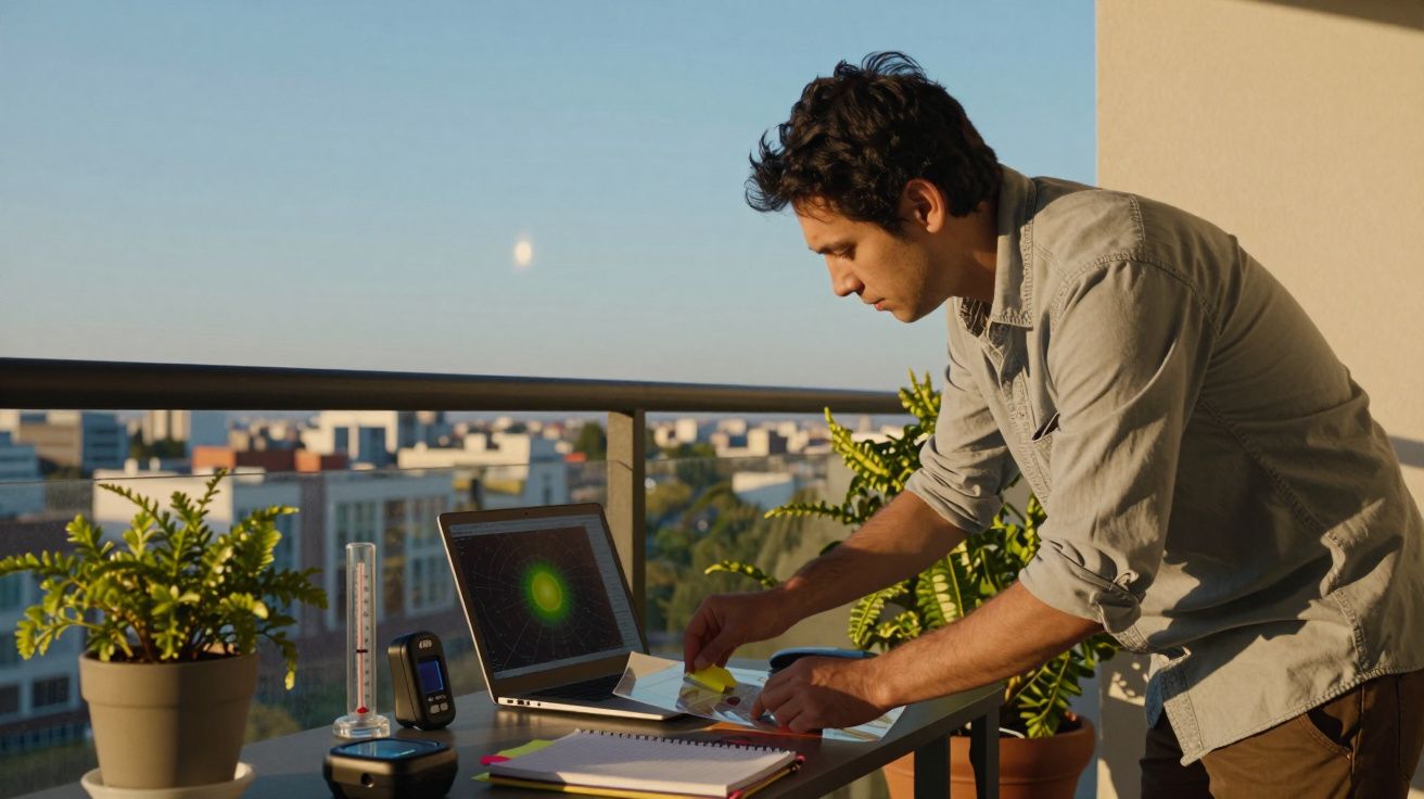 Mann arbeitet auf Balkon mit Laptop und Notizbuch, umgeben von Pflanzen, mit Blick auf Stadtlandschaft bei Sonnenuntergang.