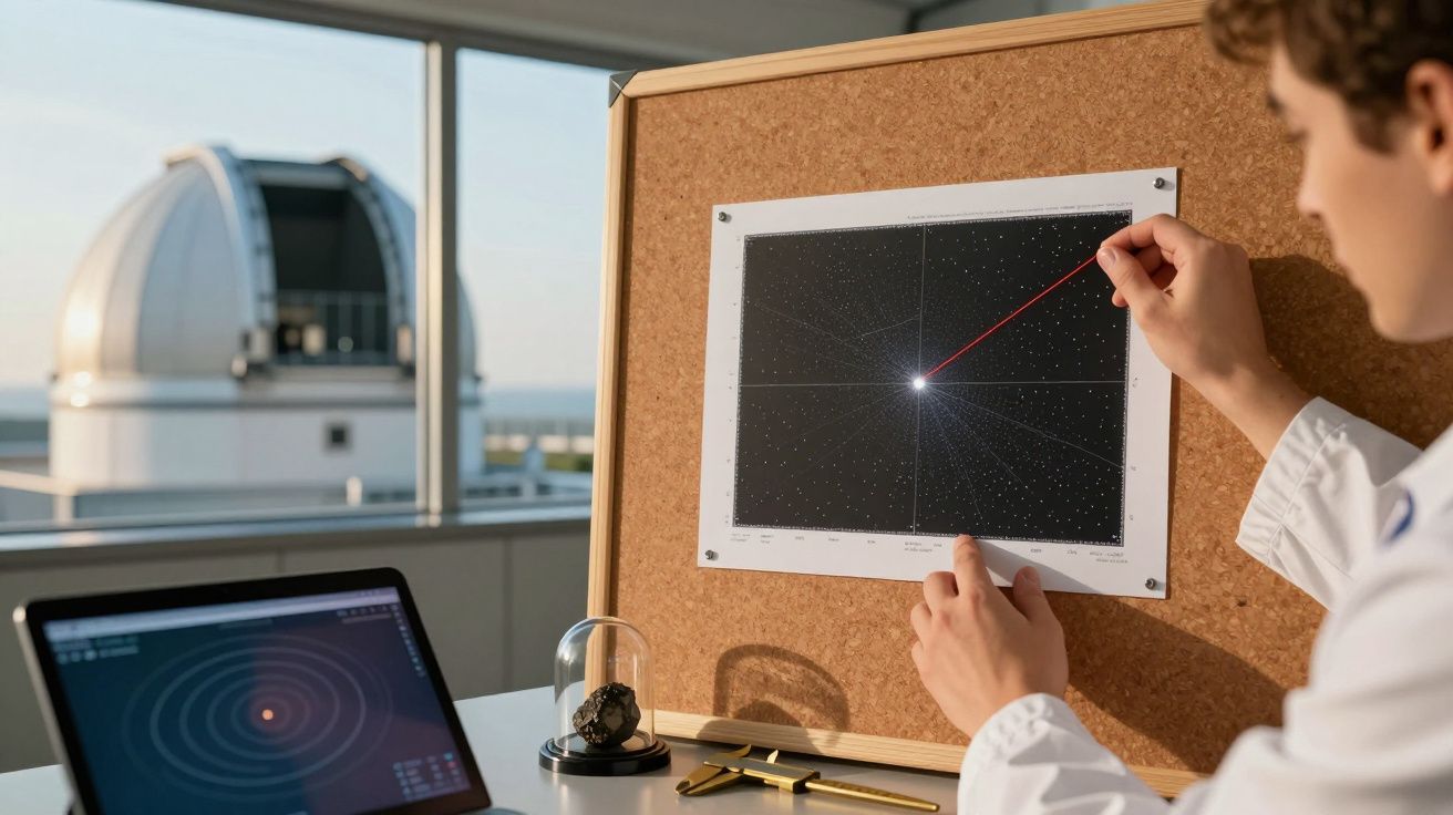 Person zeigt auf Sternkarte, im Hintergrund ein Teleskop. Laptop mit Planetenbahn-Visualisierung auf dem Tisch.
